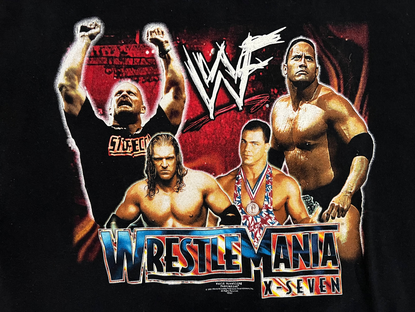 2001 WWF Wrestlemania X-Seven shirt featuring “Stone Cold” Steve Austin, The Rock, Kurt Angle and Triple H