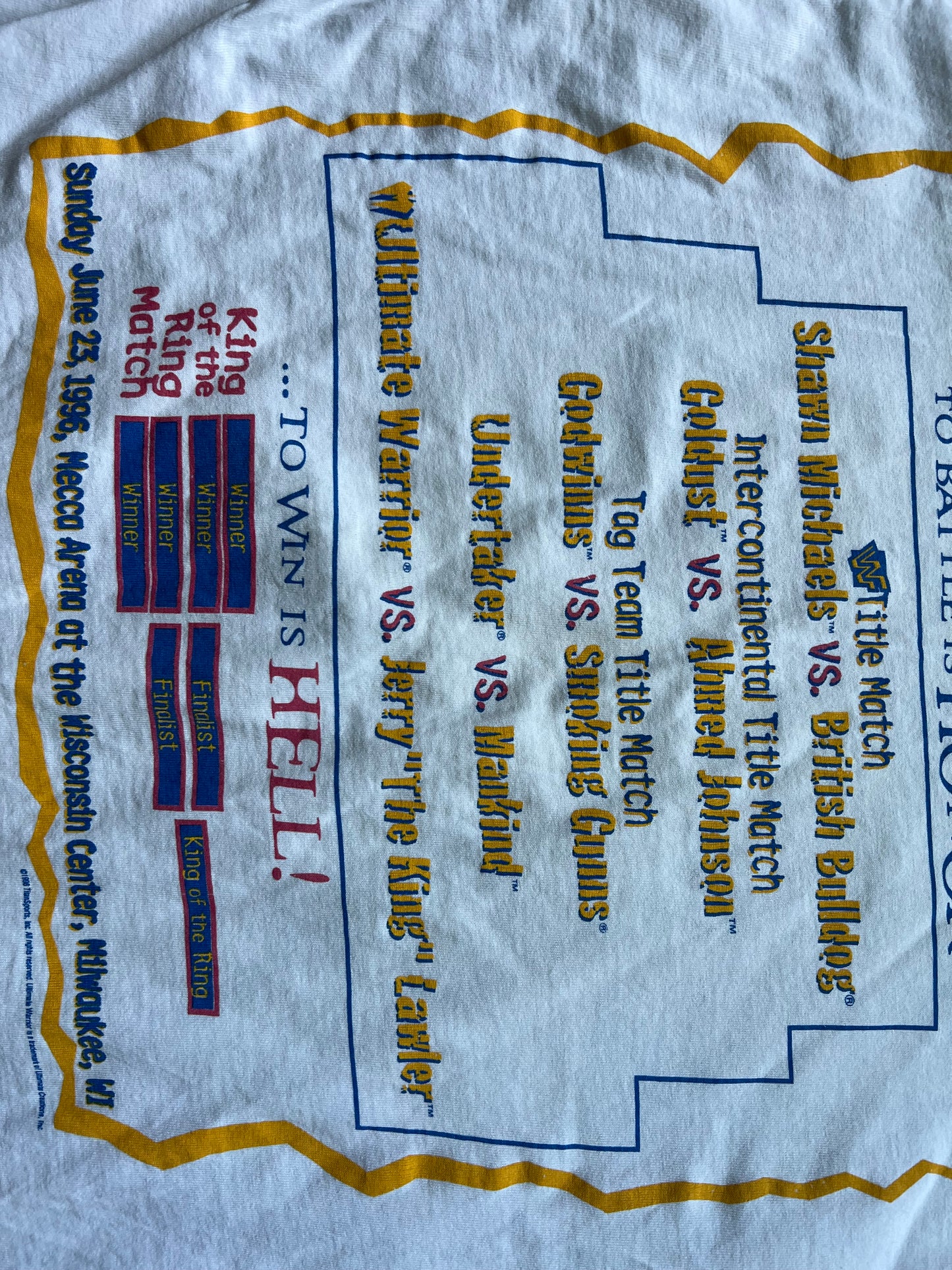 1996 WWF King of the Ring two sided shirt featuring the Ultimate Warrior and the card on the back