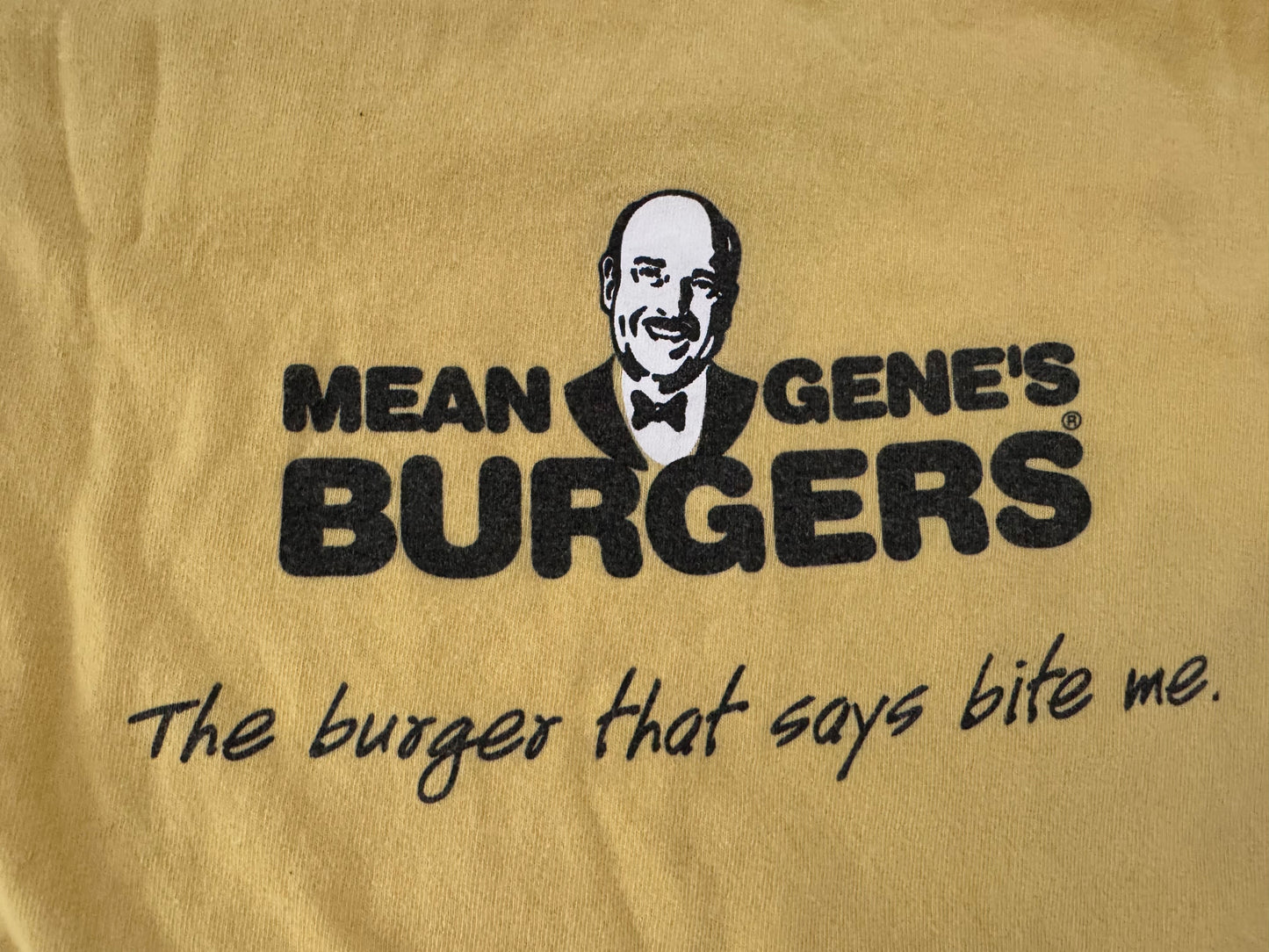 1999 “Mean” Gene Okerlund “Mean Gene Burgers” - “The Burger That Says Bite Me” two sided shirt