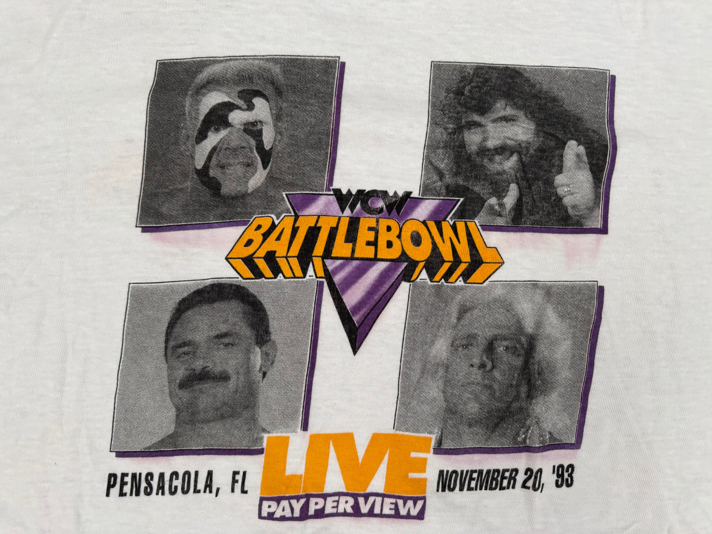 1993 WCW Battlebowl event shirt featuring The “Nature Boy” Ric Flair, Cactus Jack, “Ravishing” Rick Rude and Sting