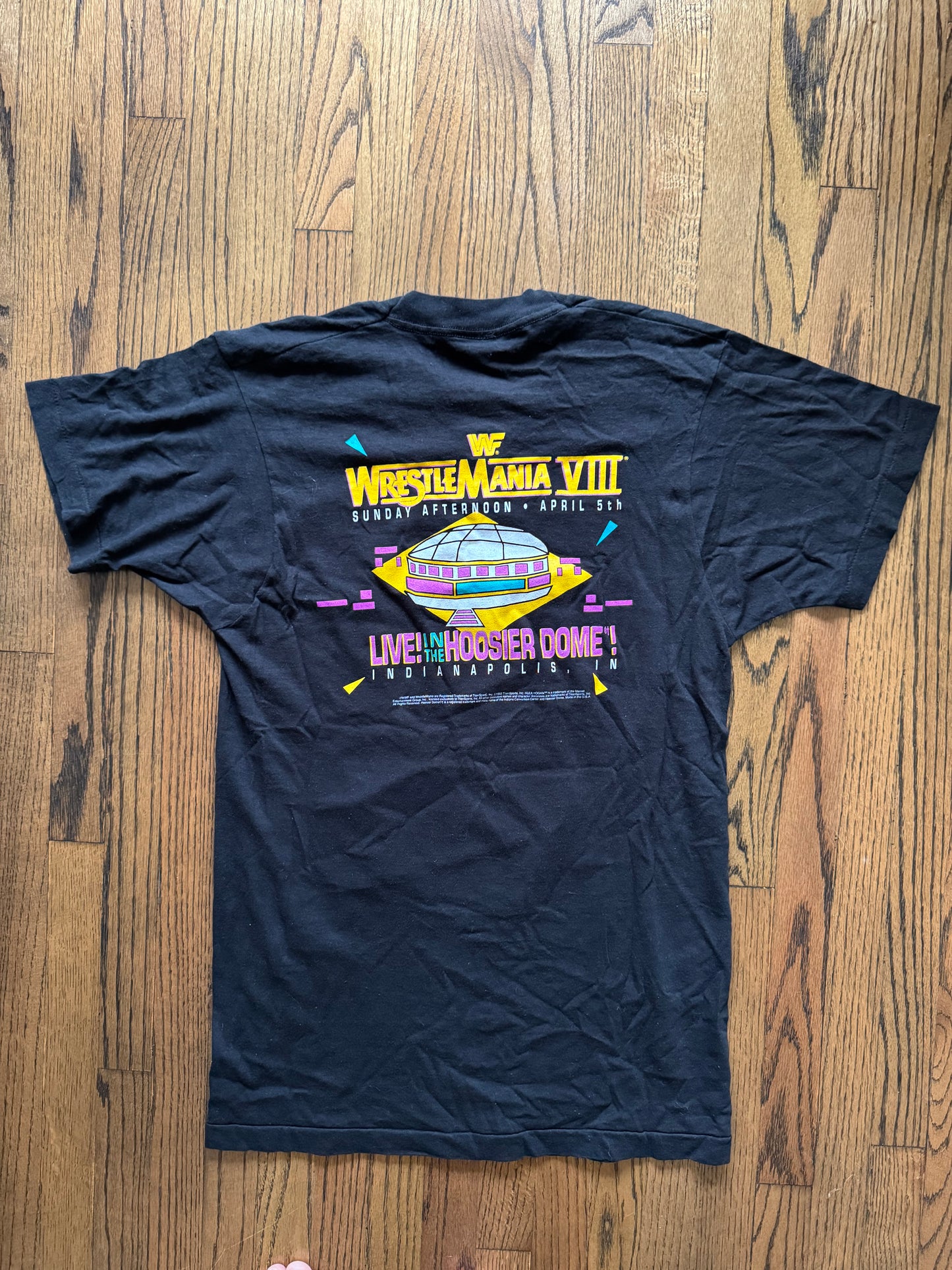 1992 WWF Wrestlemania VIII two sided event shirt featuring Ric Flair, Randy Savage, Sid Justice and Hulk Hogan