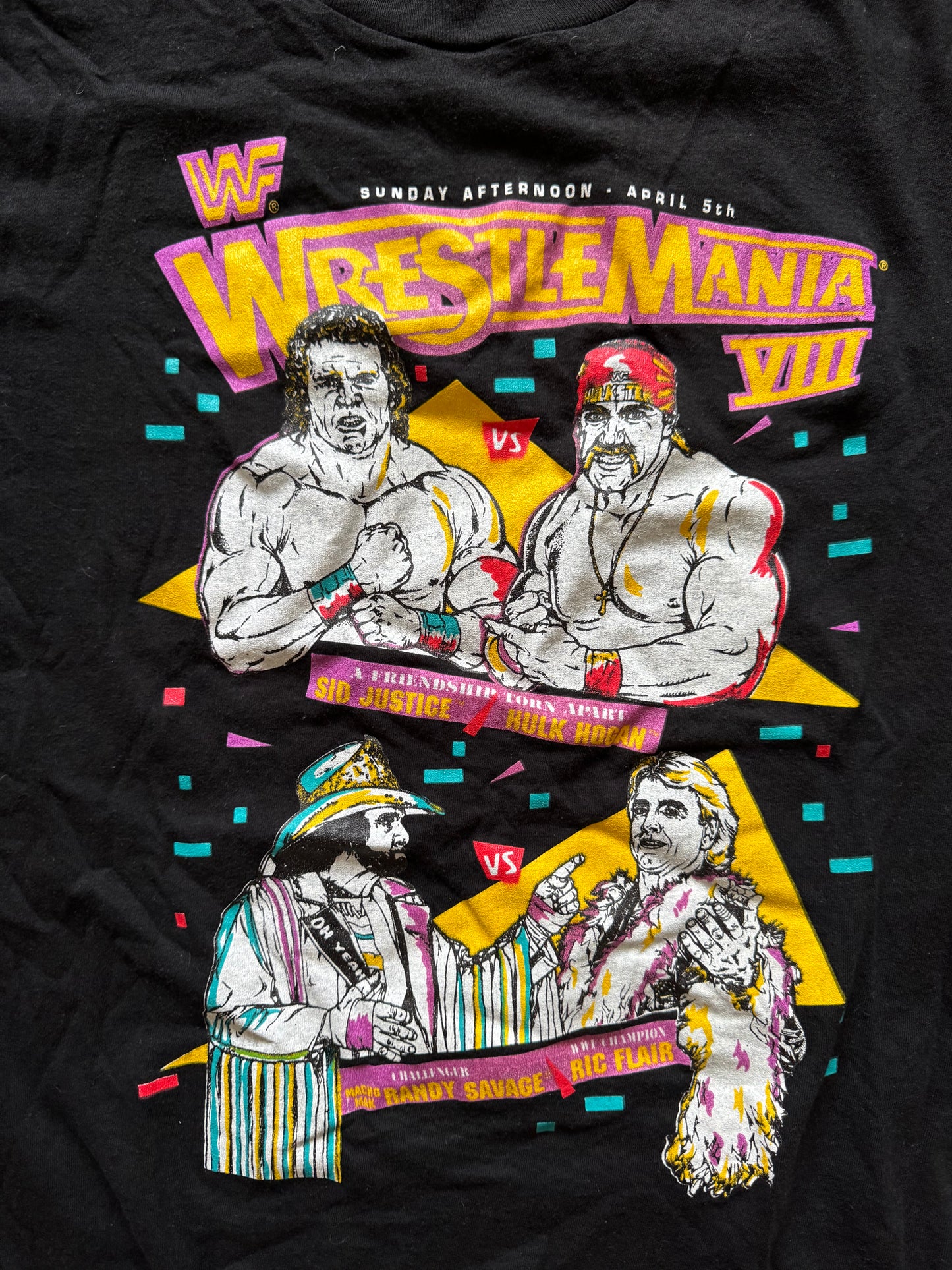 1992 WWF Wrestlemania VIII two sided event shirt featuring Ric Flair, Randy Savage, Sid Justice and Hulk Hogan