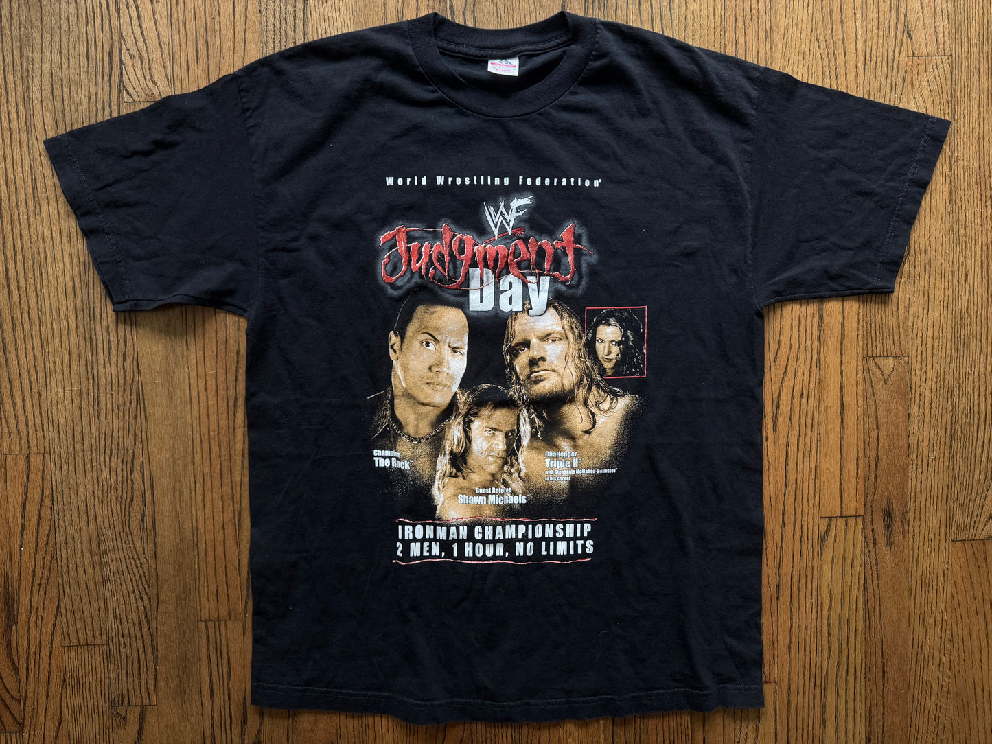 2000 WWF Judgment Day event shirt featuring The Rock, “The Heartbreak Kid” Shawn Michaels and Triple H