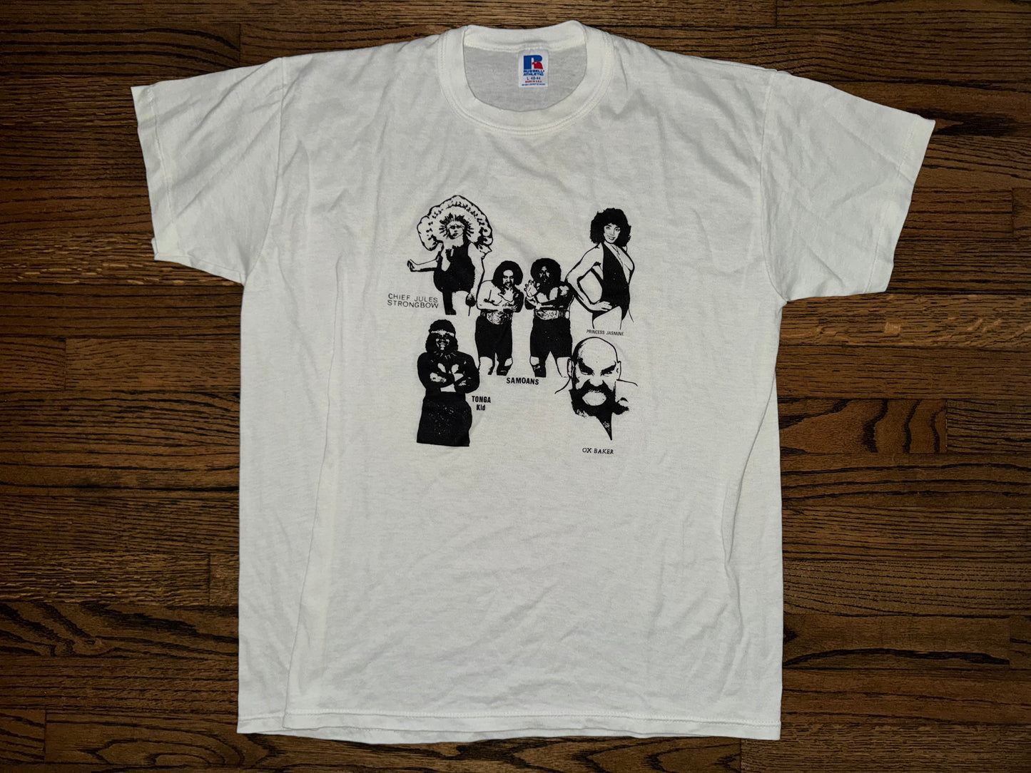 1984 ICW (I think?) shirt featuring Tonga Kid, the Samoans, Ox baker, Jules strongbow and Princess Jasmine