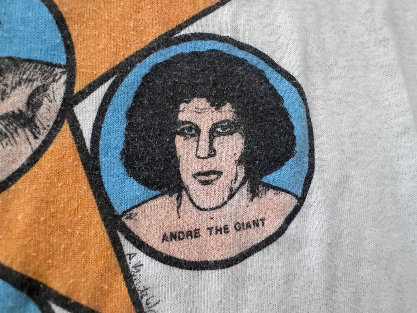 1982 Mid South Wrestling Super-stars baseball tee featuring Ted Dibiase, Andre the Giant, The Junkyard Dog, Tony Atlas, Mr Wrestling 2 and Colonel Buck Robley