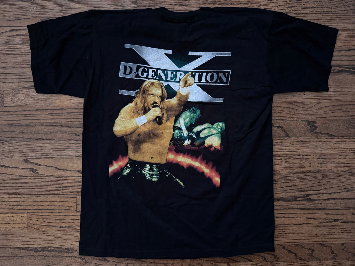 1998 WWF D-Generation X parking lot bootleg shirt featuring Triple H, “The Road Dogg” Jesse James, X-Pac, “Badass” Billy Gunn, Chyna and Vader