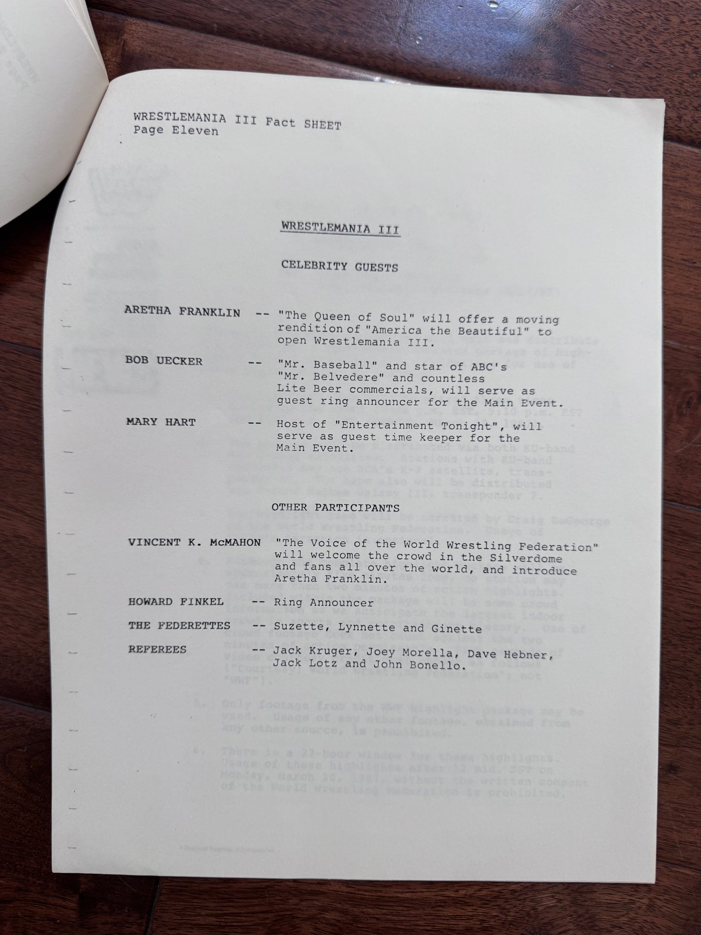 1987 WWF Wrestlemaia III Press Kit Fact Sheet