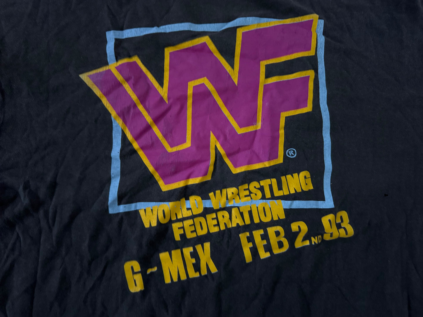1993 WWF House show shirt featuring the World Wrestling Federation logo, Bret Hart, Tatanka, Undertaker and Randy Savage