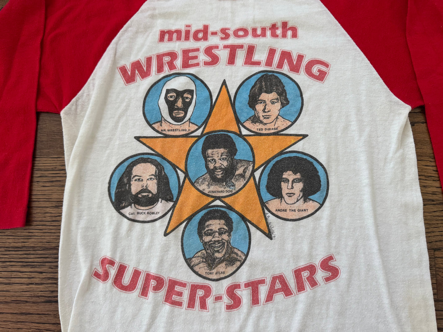 1982 Mid South Wrestling Super-stars baseball tee featuring Ted Dibiase, Andre the Giant, The Junkyard Dog, Tony Atlas, Mr Wrestling 2 and Colonel Buck Robley