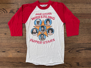 1982 Mid South Wrestling Super-stars baseball tee featuring Ted Dibiase, Andre the Giant, The Junkyard Dog, Tony Atlas, Mr Wrestling 2 and Colonel Buck Robley
