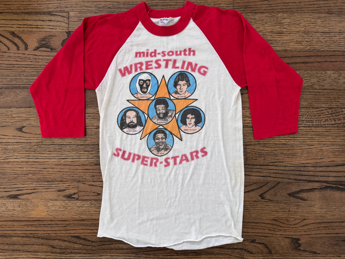 1982 Mid South Wrestling Super-stars baseball tee featuring Ted Dibiase, Andre the Giant, The Junkyard Dog, Tony Atlas, Mr Wrestling 2 and Colonel Buck Robley
