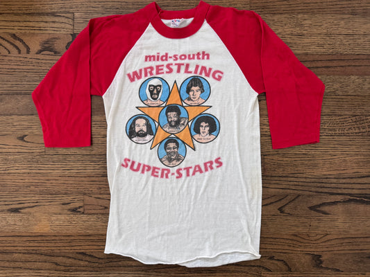 1982 Mid South Wrestling Super-stars baseball tee featuring Ted Dibiase, Andre the Giant, The Junkyard Dog, Tony Atlas, Mr Wrestling 2 and Colonel Buck Robley
