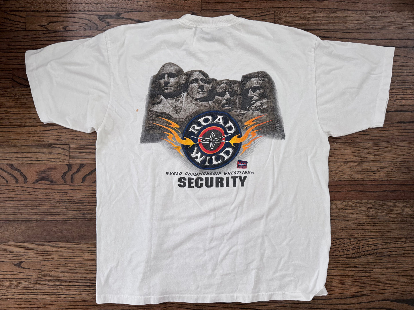 🇺🇸 Rare Vintage 1999 WCW Road Wild two security shirt featuring George Washington, Thomas Jefferson, Theodore Roosevelt, and Abraham Lincoln
 