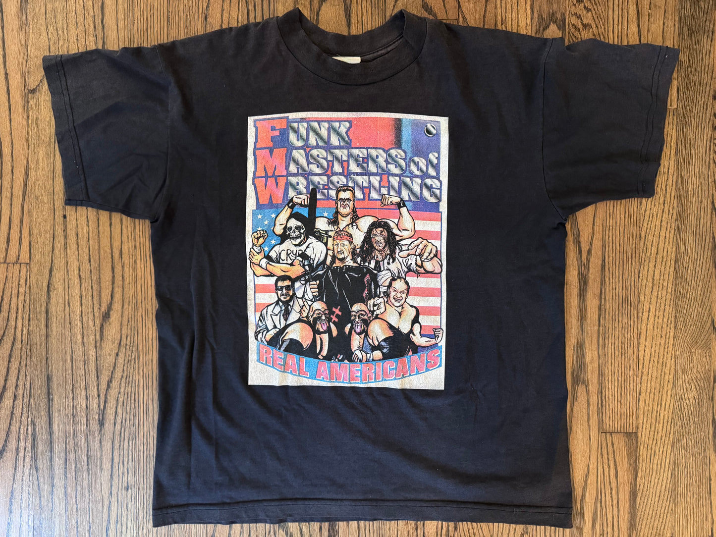1997 FMW “Funk Masters of Wrestling” / “Real Americans” shirt featuring Terry Funk, Mike Awesome, Super Leather, The Headhunters, Victor Quiñones, Hisakatsu Oya and The Crypt Keeper