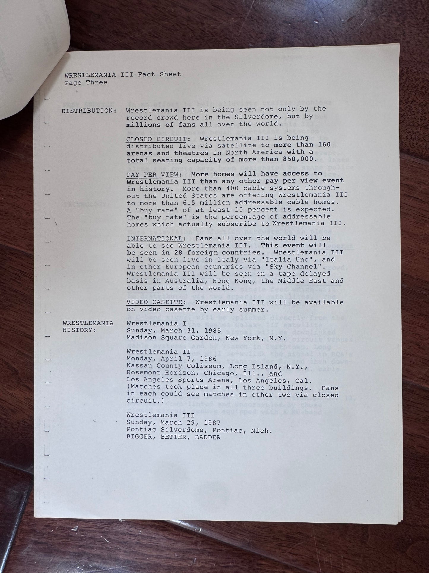 1987 WWF Wrestlemaia III Press Kit Fact Sheet