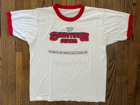 1987 WWF Survivor Series two sided shirt with teams on the back