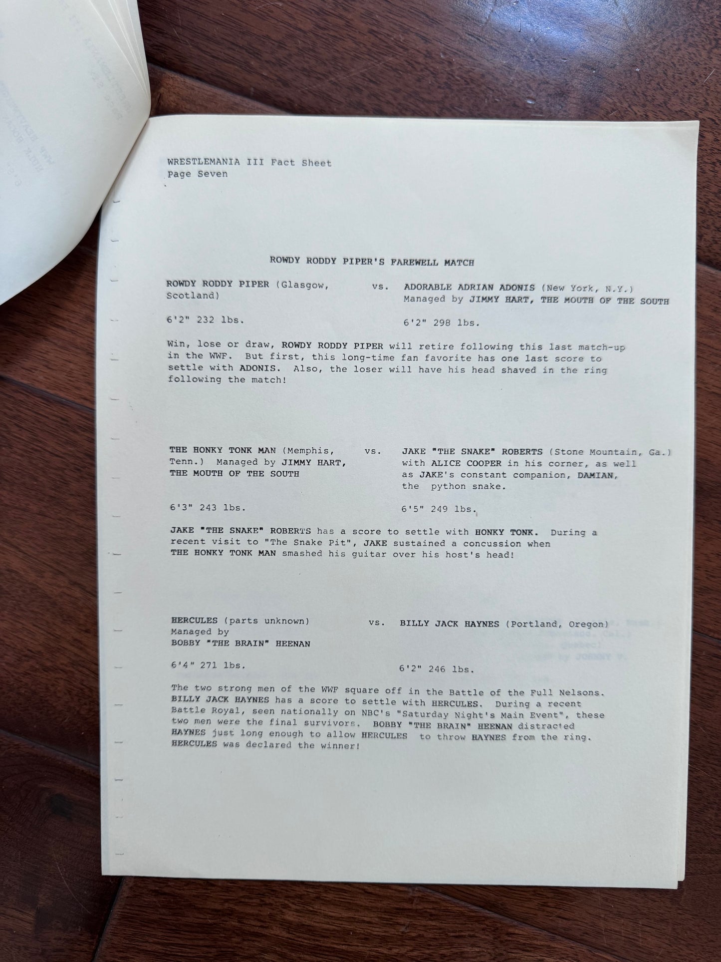 1987 WWF Wrestlemaia III Press Kit Fact Sheet