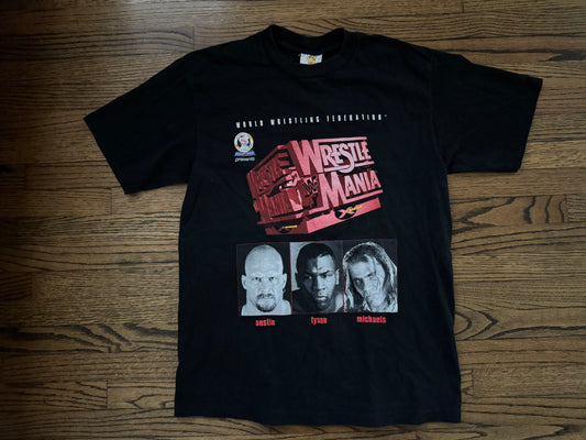 1998 WWF Wrestlemania XIV crew shirt featuring “Stone Cold” Steve Austin, “The Heartbreak Kid” Shawn Michaels and “Iron” Mike Tyson