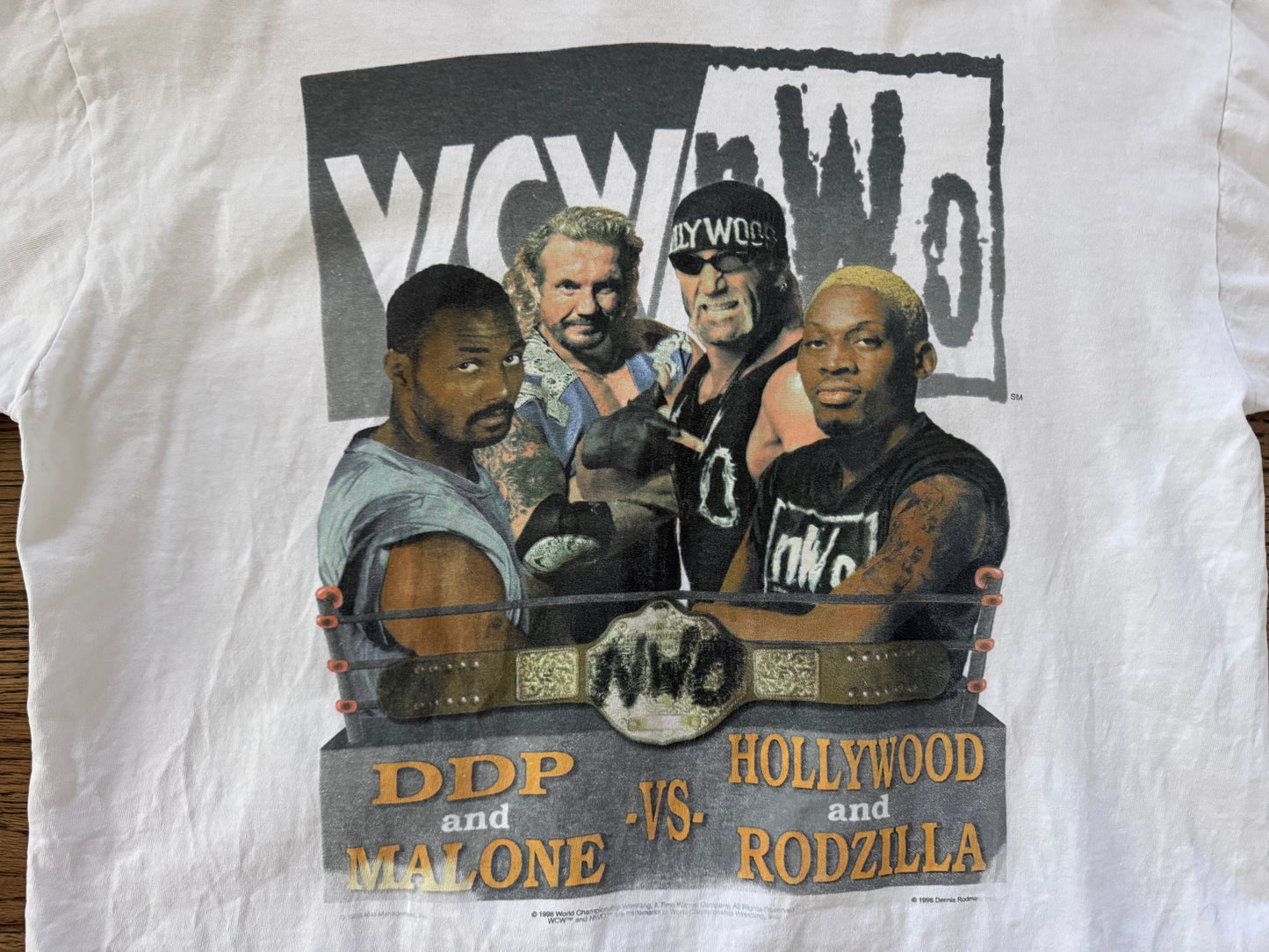 1998 WCW / n.W.o. Bash at the Beach shirt featuring Diamond Dallas Page, Dennis Rodman, Karl Malone and “Hollywood” Hulk Hogan