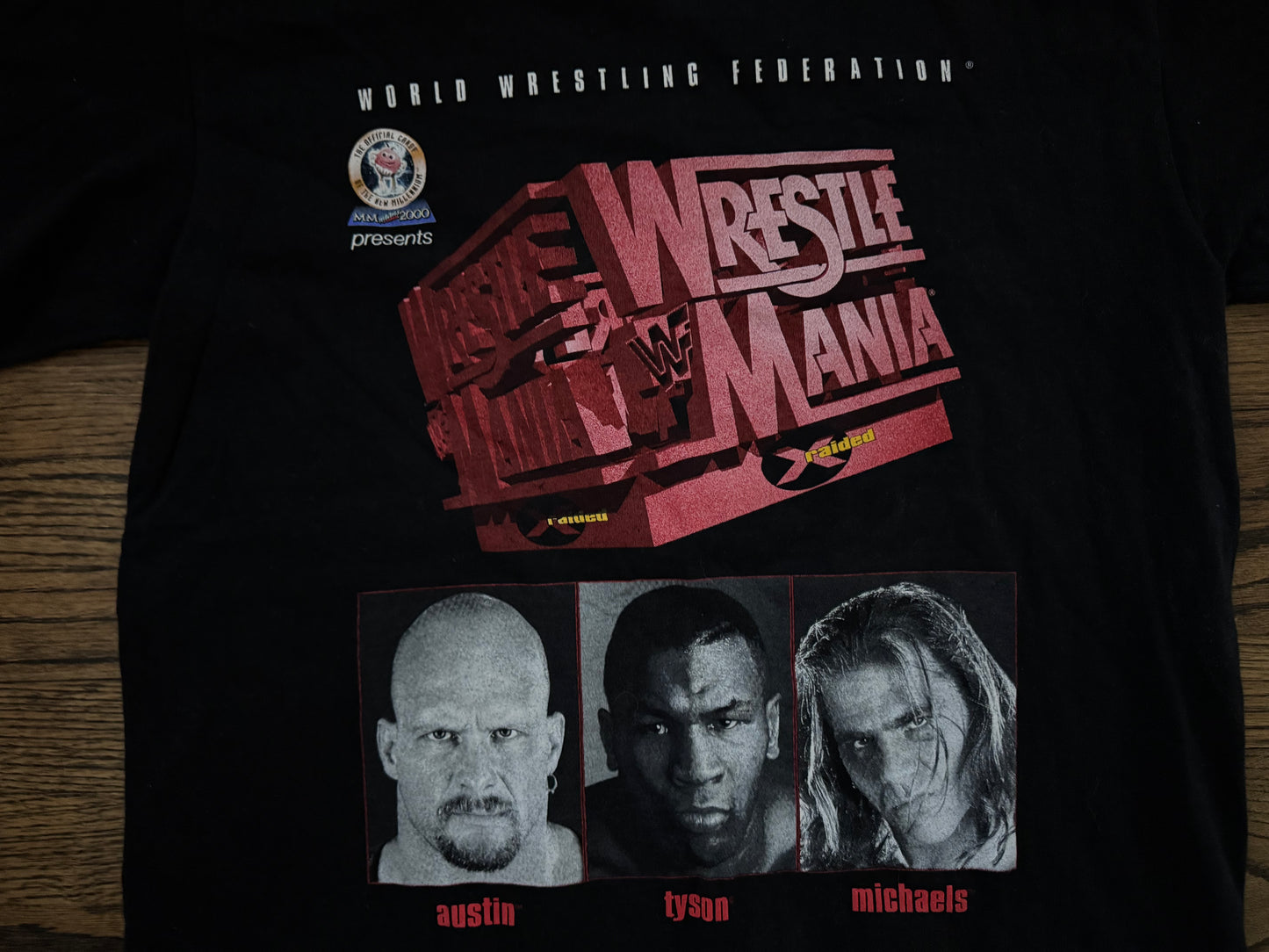 1998 WWF Wrestlemania XIV crew shirt featuring “Stone Cold” Steve Austin, “The Heartbreak Kid” Shawn Michaels and “Iron” Mike Tyson