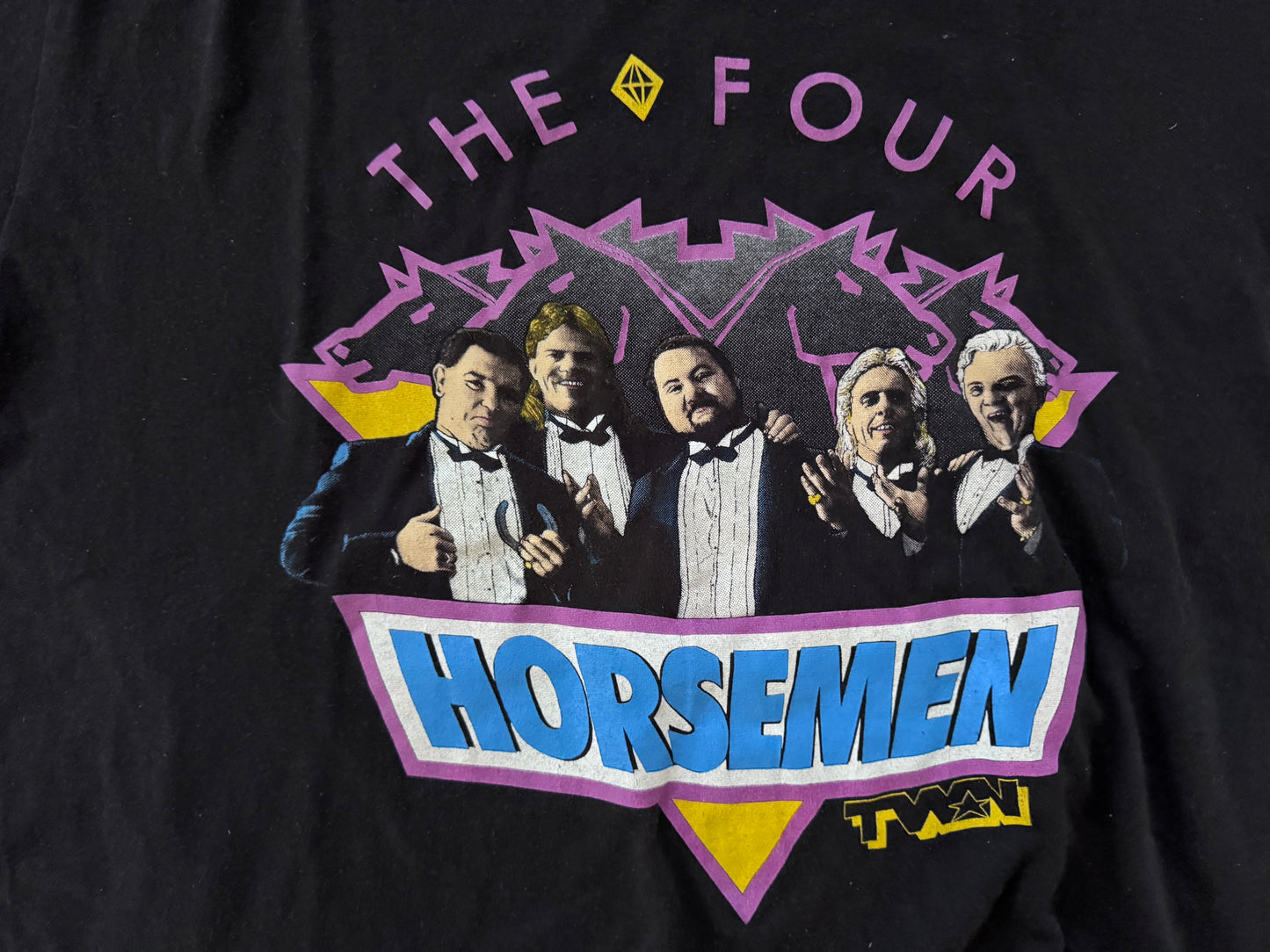 1987 NWA JCP / TWN Four Horsemen shirt featuring  “The Nature Boy” Ric Flair, James J Dillon, “The Enforcer” Arn Anderson, Tully Blanchard and “The Total Package” Lex Luger