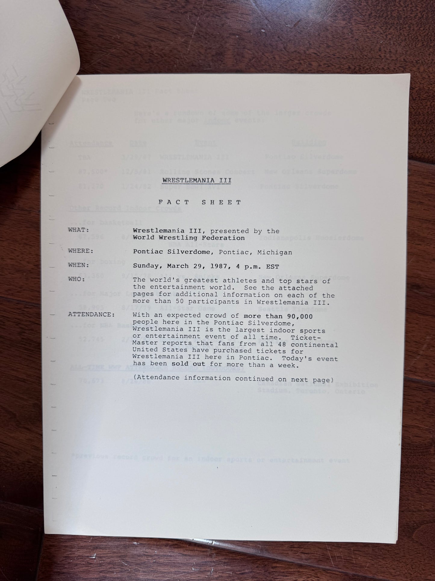 1987 WWF Wrestlemaia III Press Kit Fact Sheet