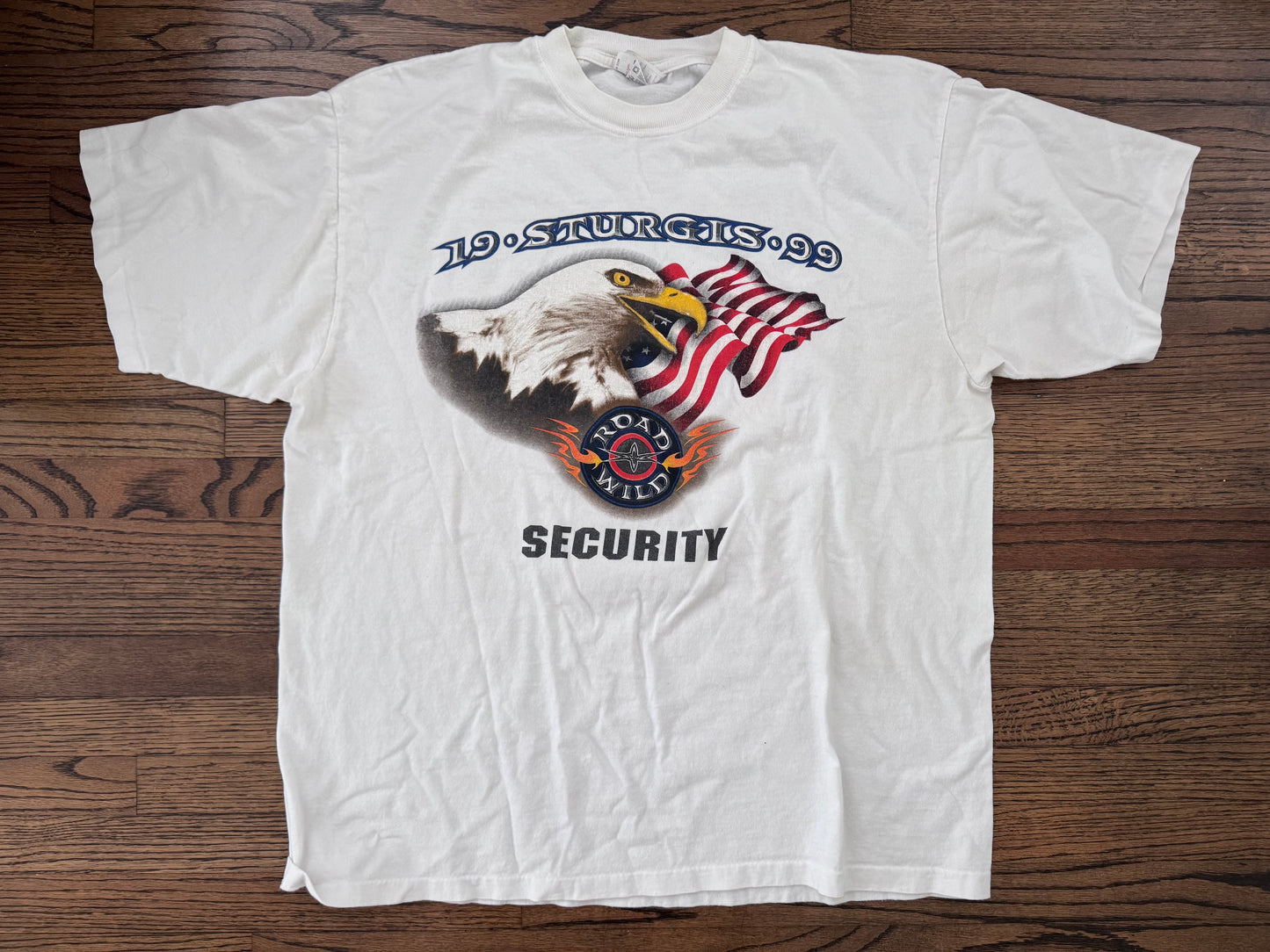 🇺🇸 Rare Vintage 1999 WCW Road Wild two security shirt featuring George Washington, Thomas Jefferson, Theodore Roosevelt, and Abraham Lincoln
 
