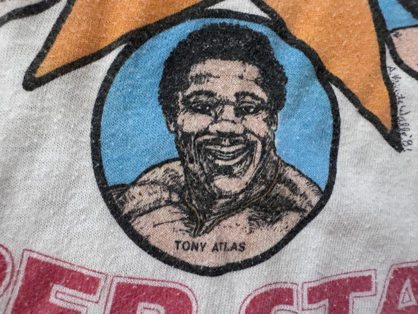 1982 Mid South Wrestling Super-stars baseball tee featuring Ted Dibiase, Andre the Giant, The Junkyard Dog, Tony Atlas, Mr Wrestling 2 and Colonel Buck Robley