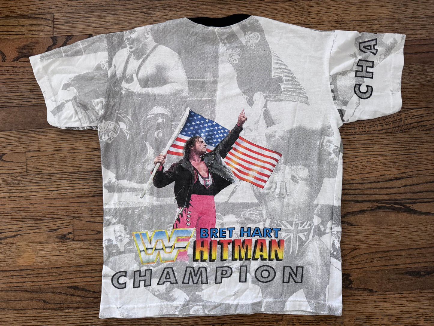 1997 (Approx) WWF Bret “The Hitman” Hart very bootleg two sided all over print shirt