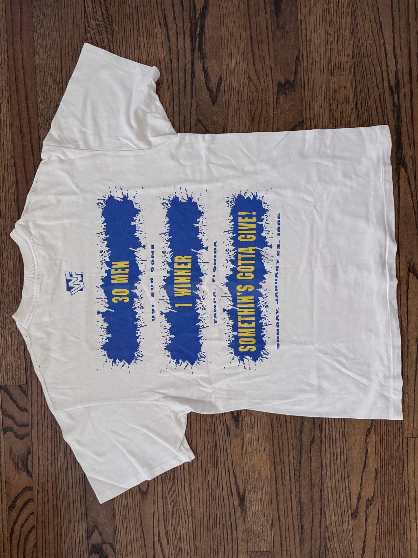 1995 WWF Royal Rumble shirt featuring a Flamingo, Bam Bam Bigelow, Crush’s 3rd gimmick in 3 years, Tatanka, Fatu, Sir Mo, Maybe the Smoking Gunns? Palm Trees, Lex Luger and Adam Bomb