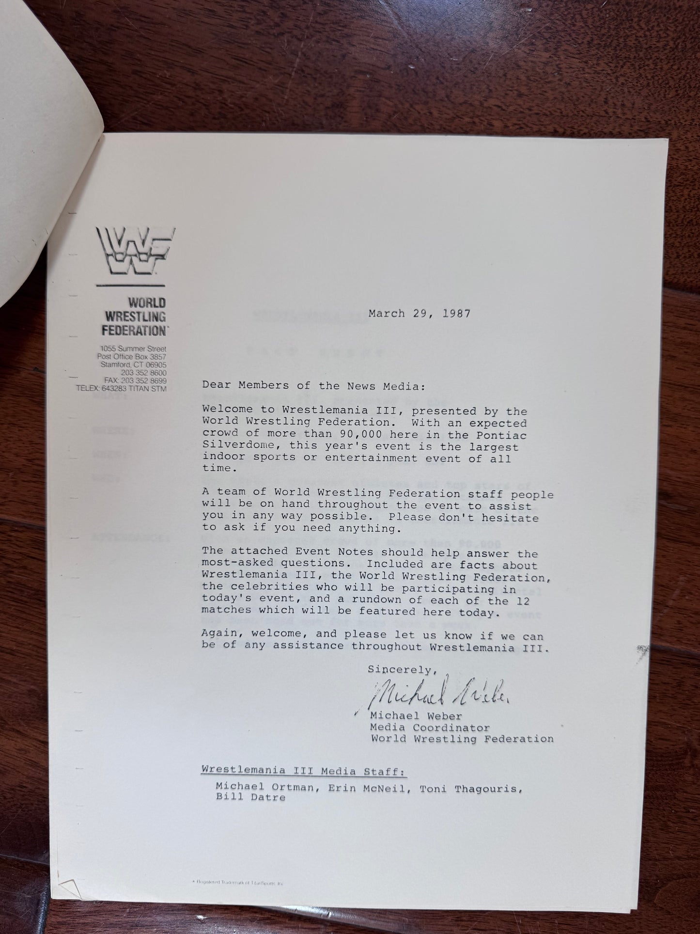 1987 WWF Wrestlemaia III Press Kit Fact Sheet