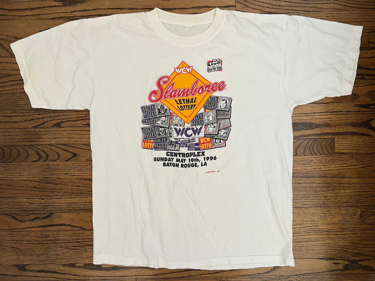 1996 WCW Slamboree shirt featuring Kevin Sullivan, Arn Anderson, The Nasty Boys, Ric Flair, Sting, The Road Warriors, Jimmy Hart, Randy Savage, Lex Luger and The Giant