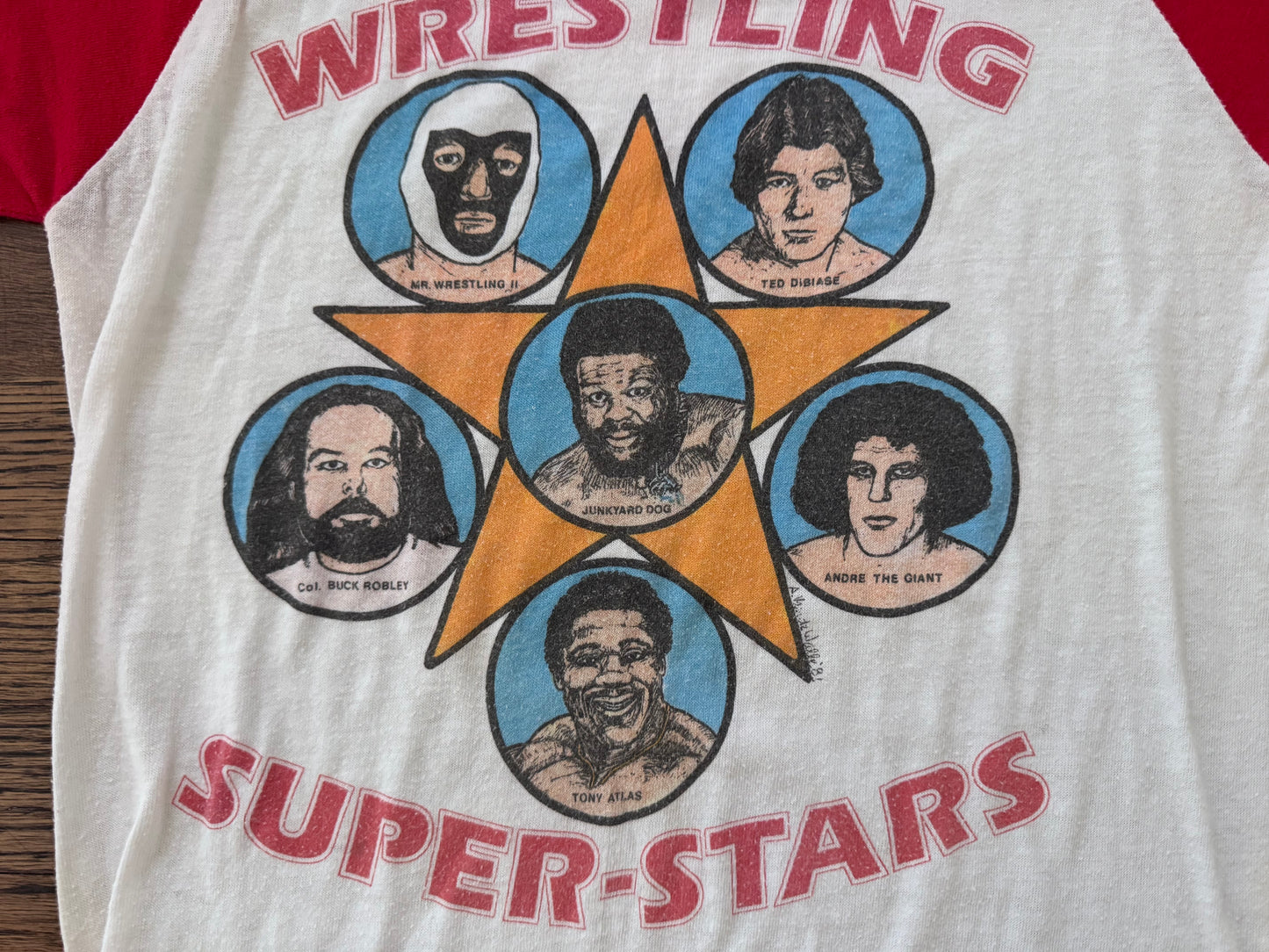 1982 Mid South Wrestling Super-stars baseball tee featuring Ted Dibiase, Andre the Giant, The Junkyard Dog, Tony Atlas, Mr Wrestling 2 and Colonel Buck Robley