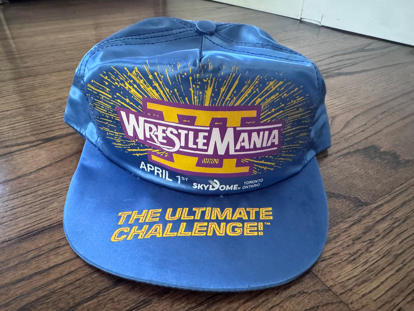 1990 WWF Wrestlemania VI: The Ultimate Challenge SnapBack blue satin hat