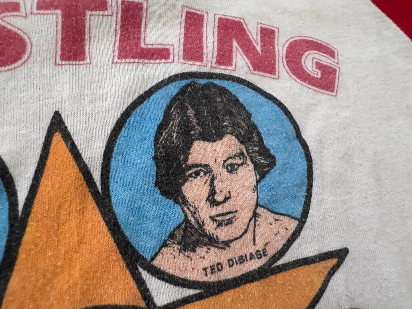 1982 Mid South Wrestling Super-stars baseball tee featuring Ted Dibiase, Andre the Giant, The Junkyard Dog, Tony Atlas, Mr Wrestling 2 and Colonel Buck Robley