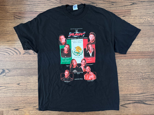 2004 WWE “A Night Monterrey Will Never Forget” shirt featuring Batista, Randy Orton, Shawn Michaels , HHH, Edge, Chris Jericho, Chris Benoit and Tyson Tomko two sided shirt