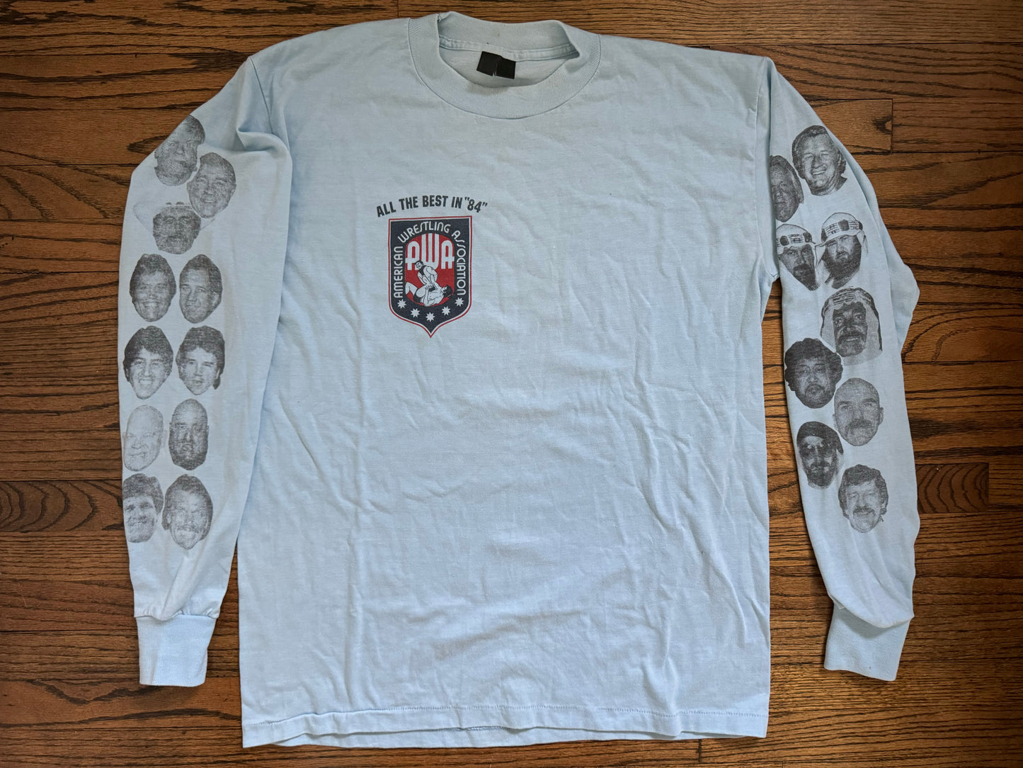 1984 AWA Roster shirt featuring Bobby “The Brain” Heenan, Rick Martel, Jesse Ventura, Nick Bockwinkle, Jim Brunzell (great high jumper!) and many more!