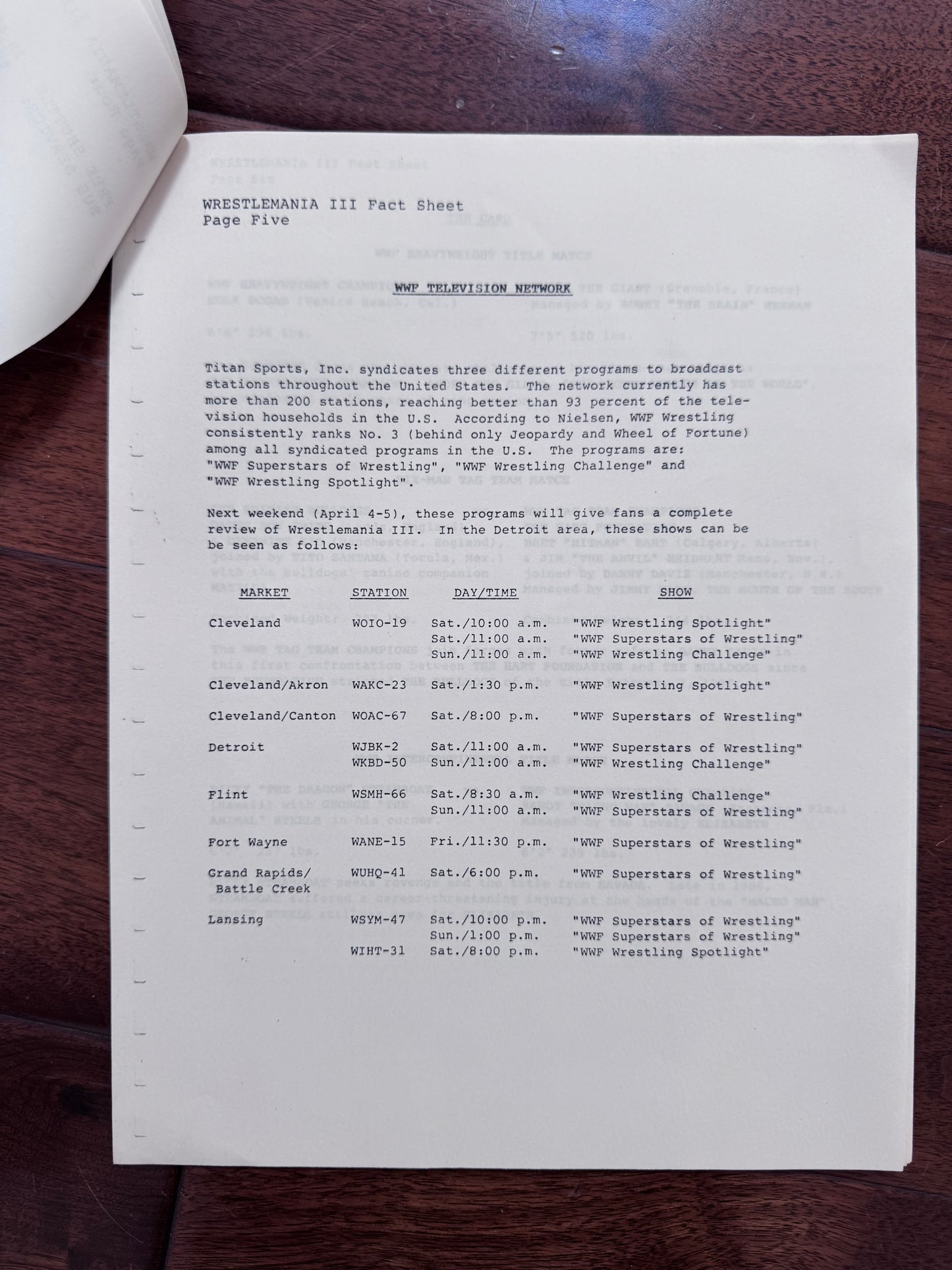1987 WWF Wrestlemaia III Press Kit Fact Sheet