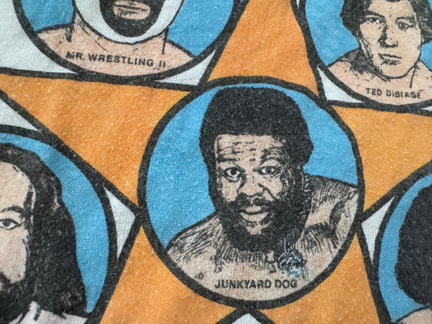 1982 Mid South Wrestling Super-stars baseball tee featuring Ted Dibiase, Andre the Giant, The Junkyard Dog, Tony Atlas, Mr Wrestling 2 and Colonel Buck Robley