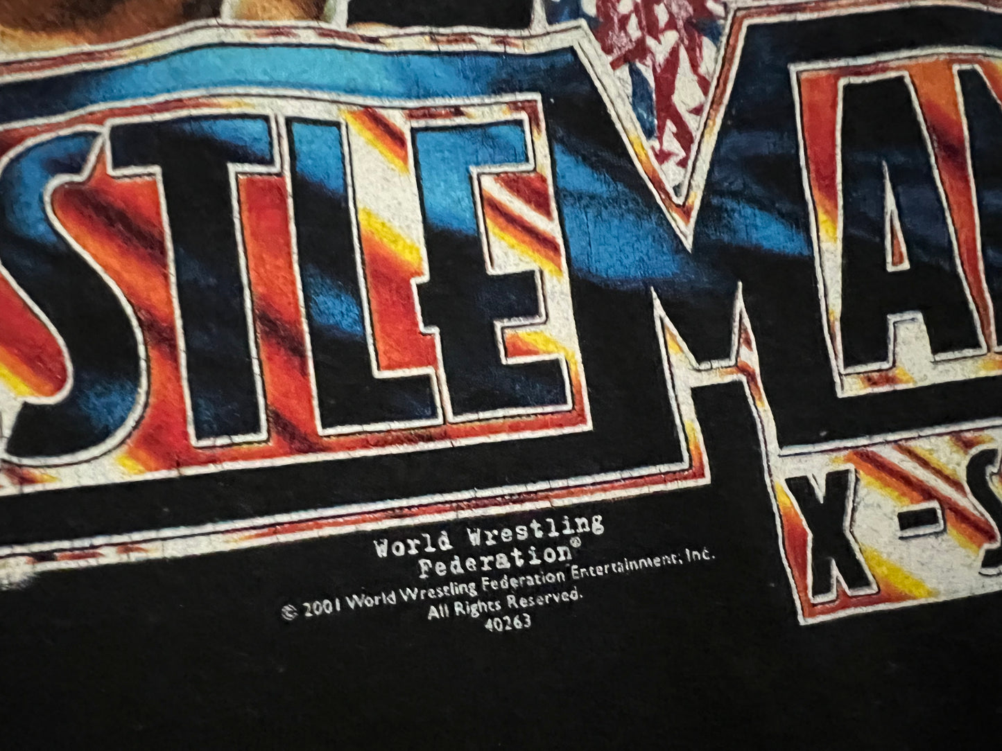 2001 WWF Wrestlemania X-Seven shirt featuring “Stone Cold” Steve Austin, The Rock, Kurt Angle and Triple H