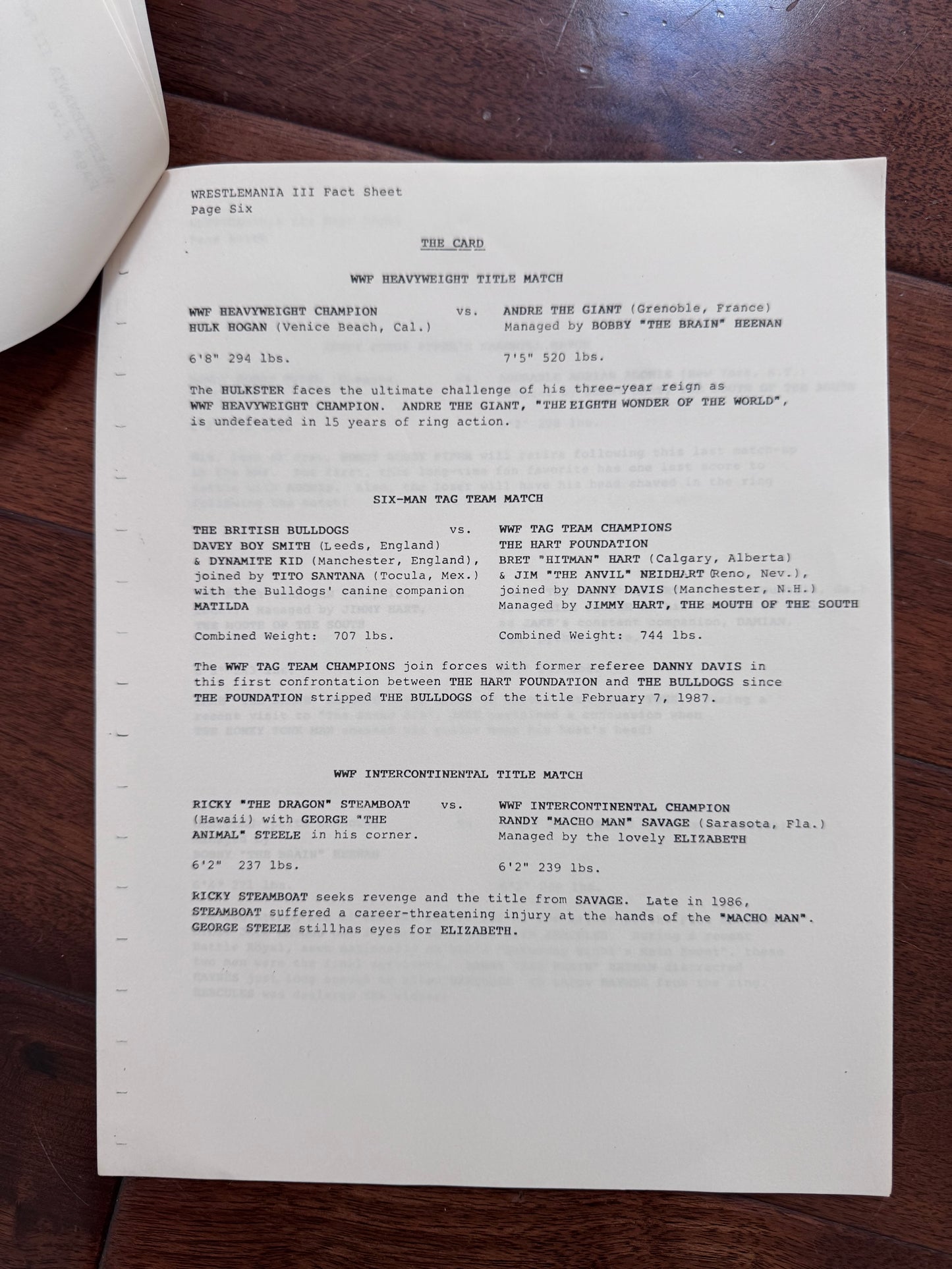1987 WWF Wrestlemaia III Press Kit Fact Sheet