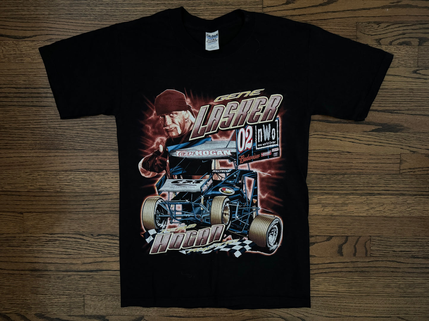 1998 WCW / n.W.o “Hollywood” Hulk Hogan & Gene Lasker “Team Hogan Racing” rap tee style two sided shirt