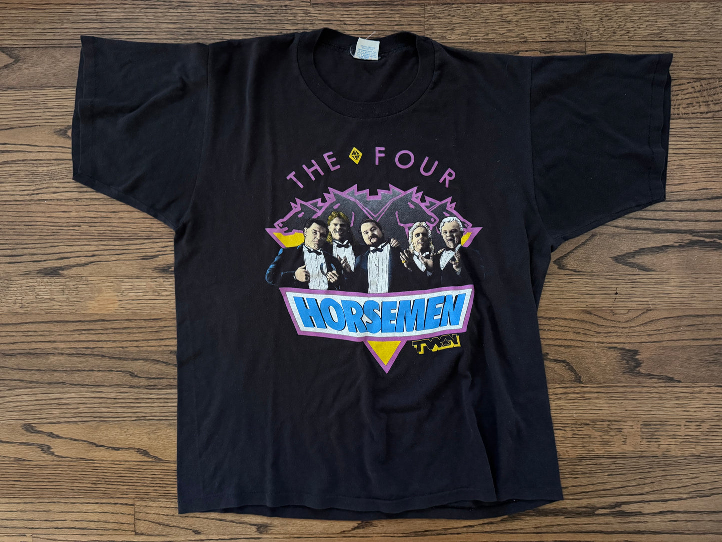 1987 NWA JCP / TWN Four Horsemen shirt featuring  “The Nature Boy” Ric Flair, James J Dillon, “The Enforcer” Arn Anderson, Tully Blanchard and “The Total Package” Lex Luger