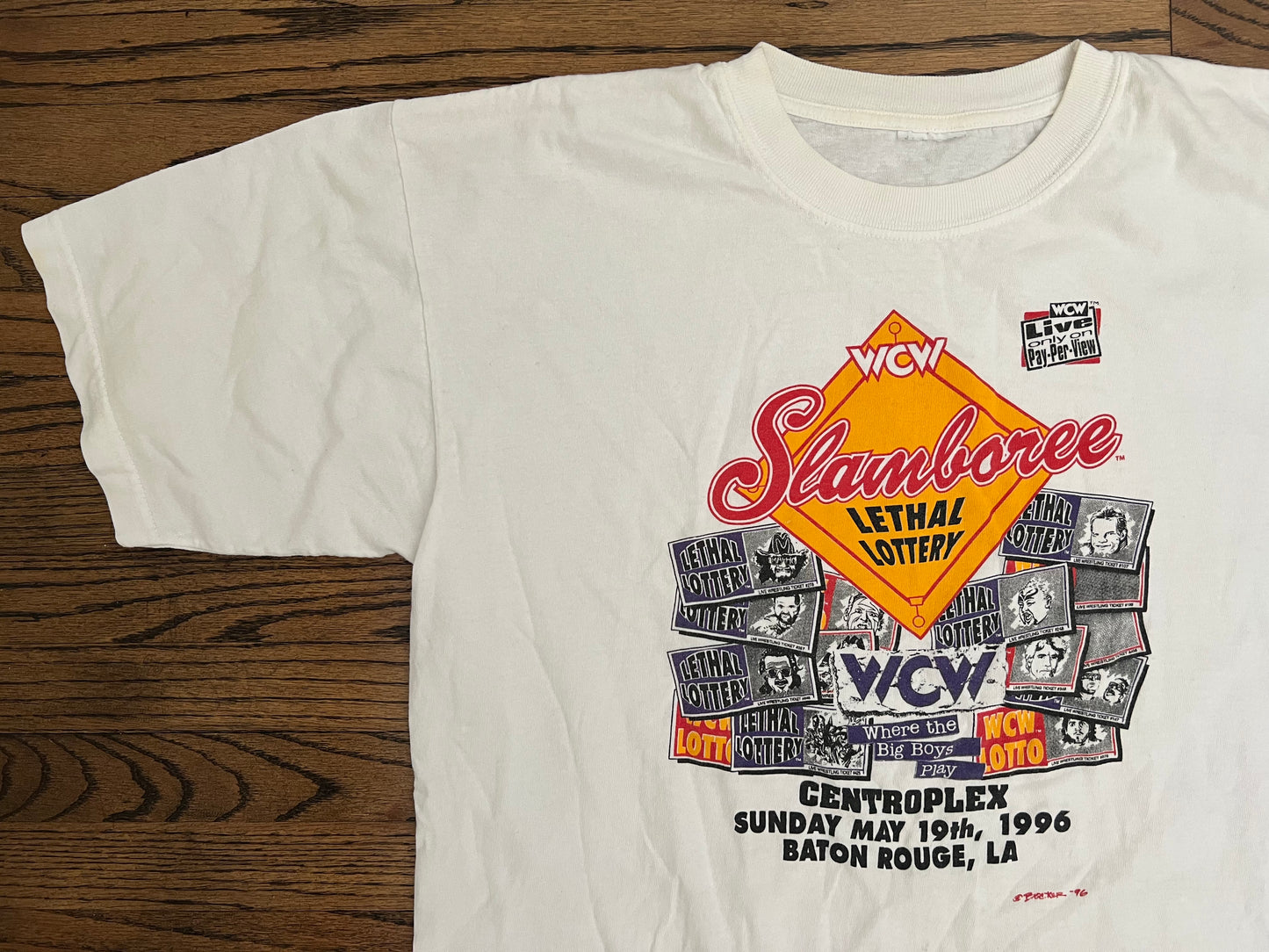 1996 WCW Slamboree shirt featuring Kevin Sullivan, Arn Anderson, The Nasty Boys, Ric Flair, Sting, The Road Warriors, Jimmy Hart, Randy Savage, Lex Luger and The Giant