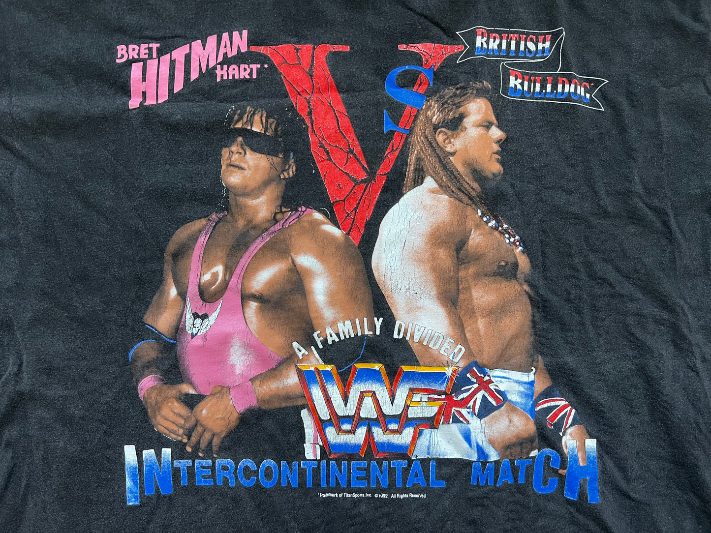 1992 WWF Summerslam two sided shirt featuring Bret “The Hitman” Hart and “The British Bulldog” Davey Boy Smith