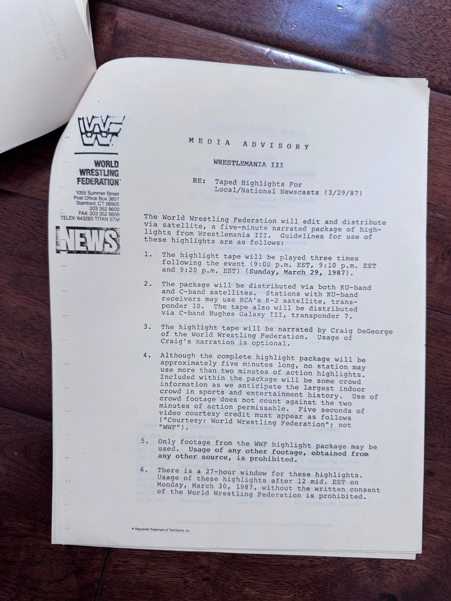 1987 WWF Wrestlemaia III Press Kit Fact Sheet