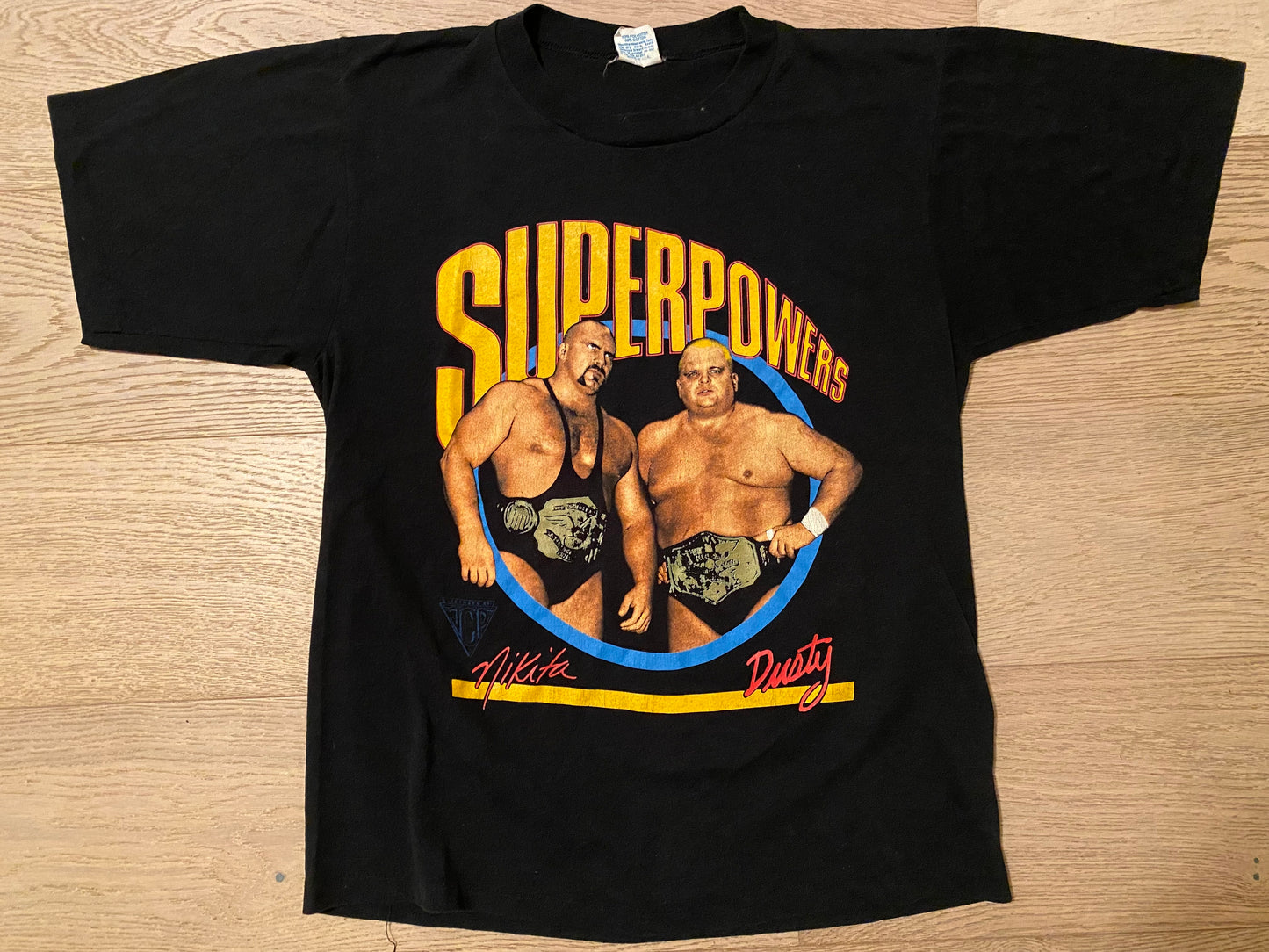 1987 NWA JCP Superpowers shirt featuring “The American Dream” Dusty Rhodes and Nikita Koloff