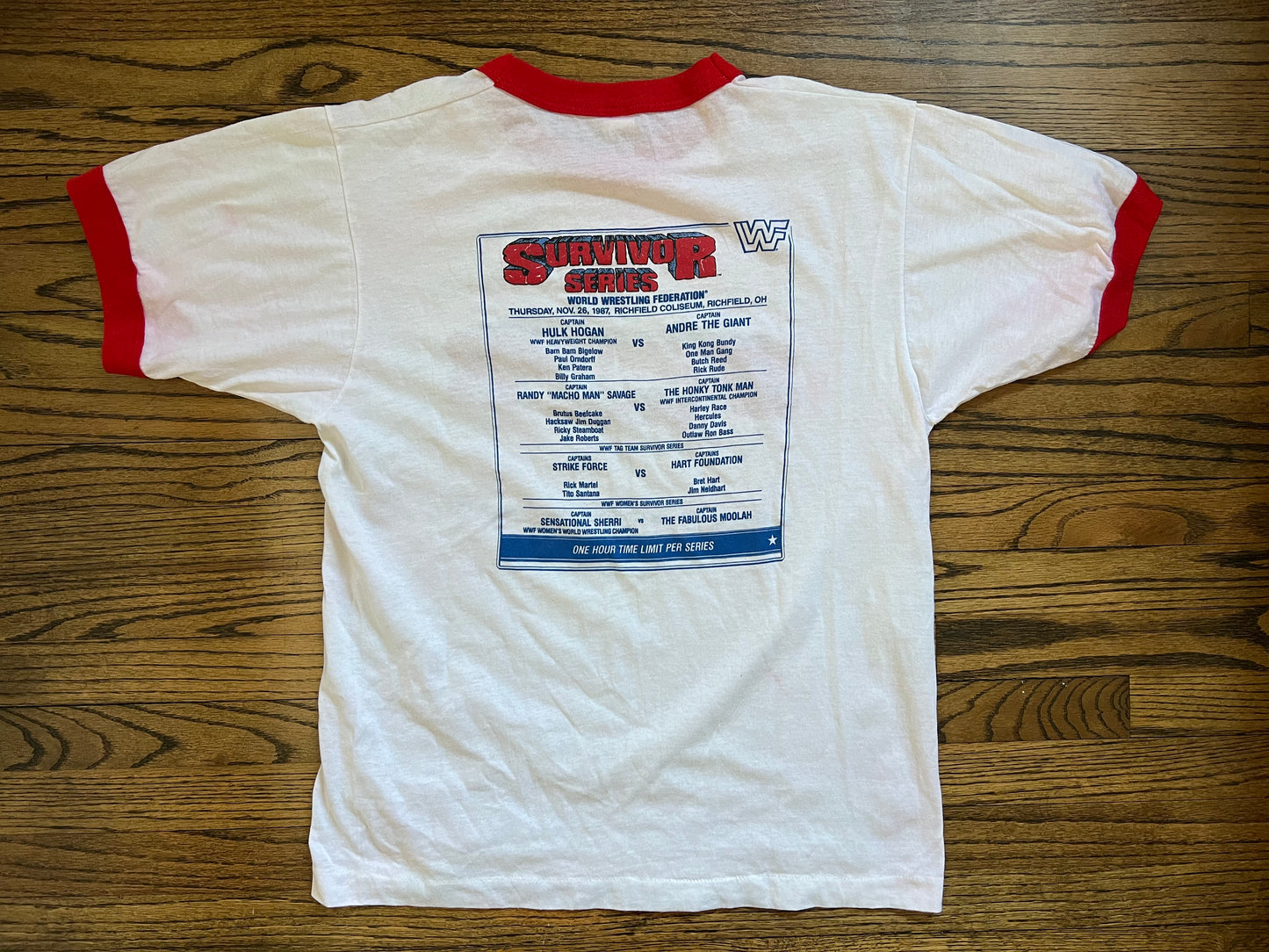 1987 WWF Survivor Series two sided shirt with card and captains on the back