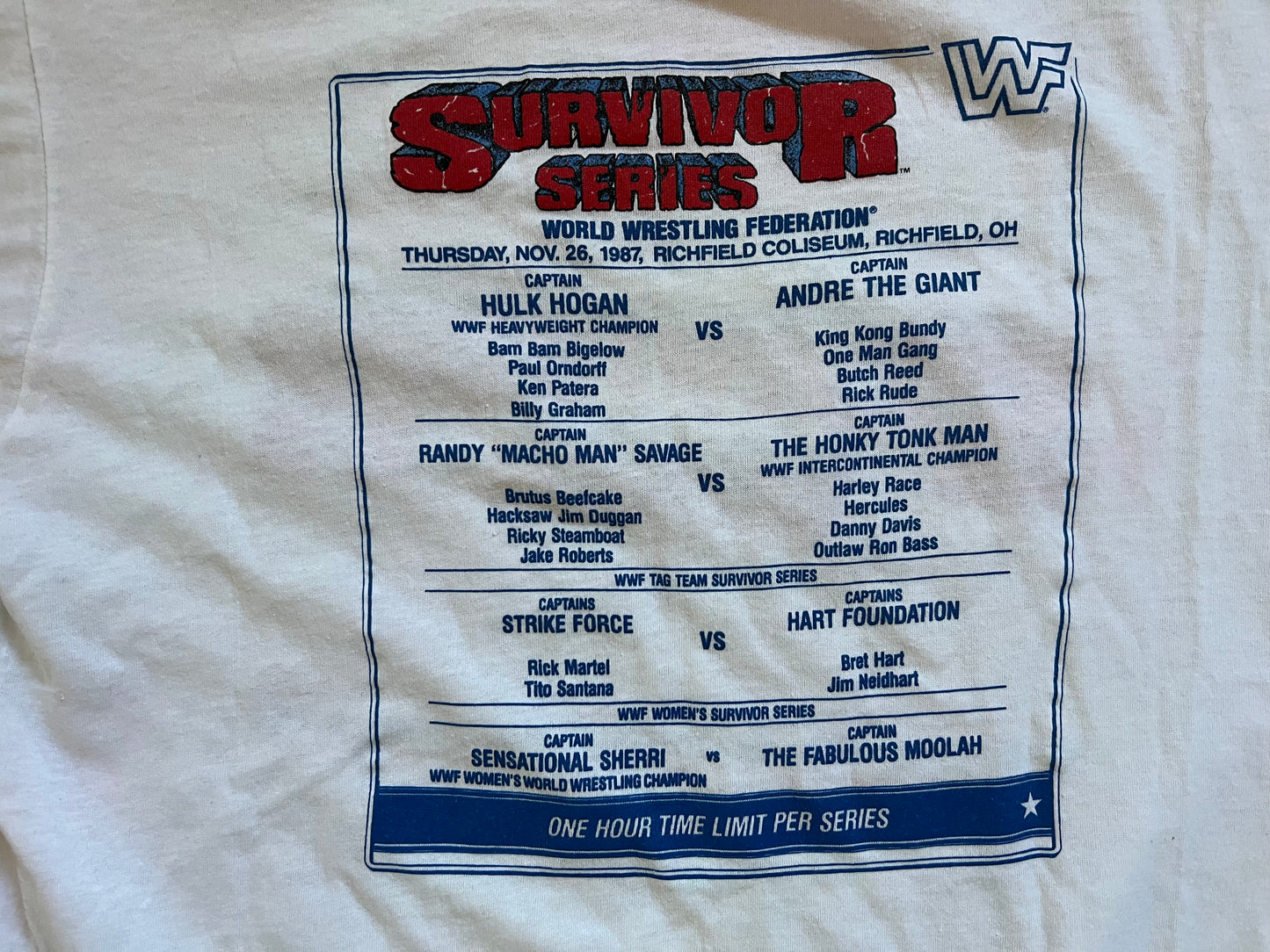 1987 WWF Survivor Series two sided shirt with card and captains on the back