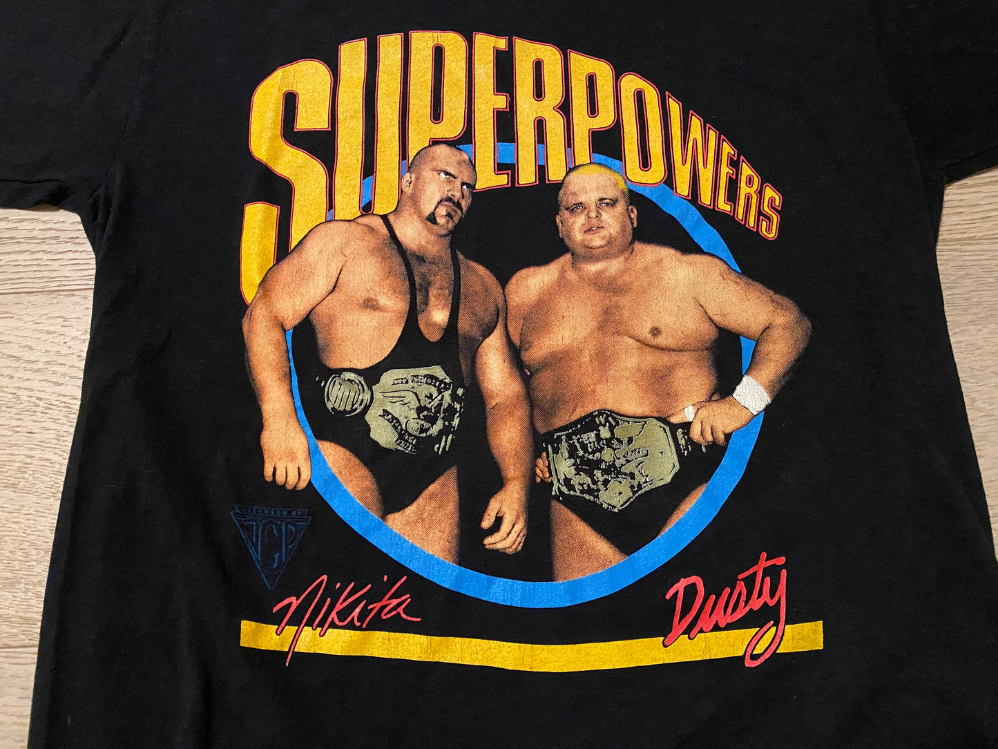 1987 NWA JCP Superpowers shirt featuring “The American Dream” Dusty Rhodes and Nikita Koloff
